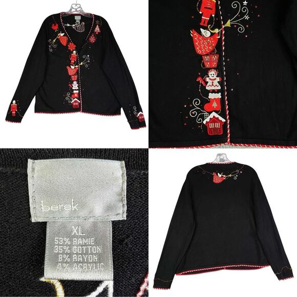 berek Sweaters - Vtg Berek Christmas Holiday Sweater Cardigan Women's Size XL Button Up Black Red